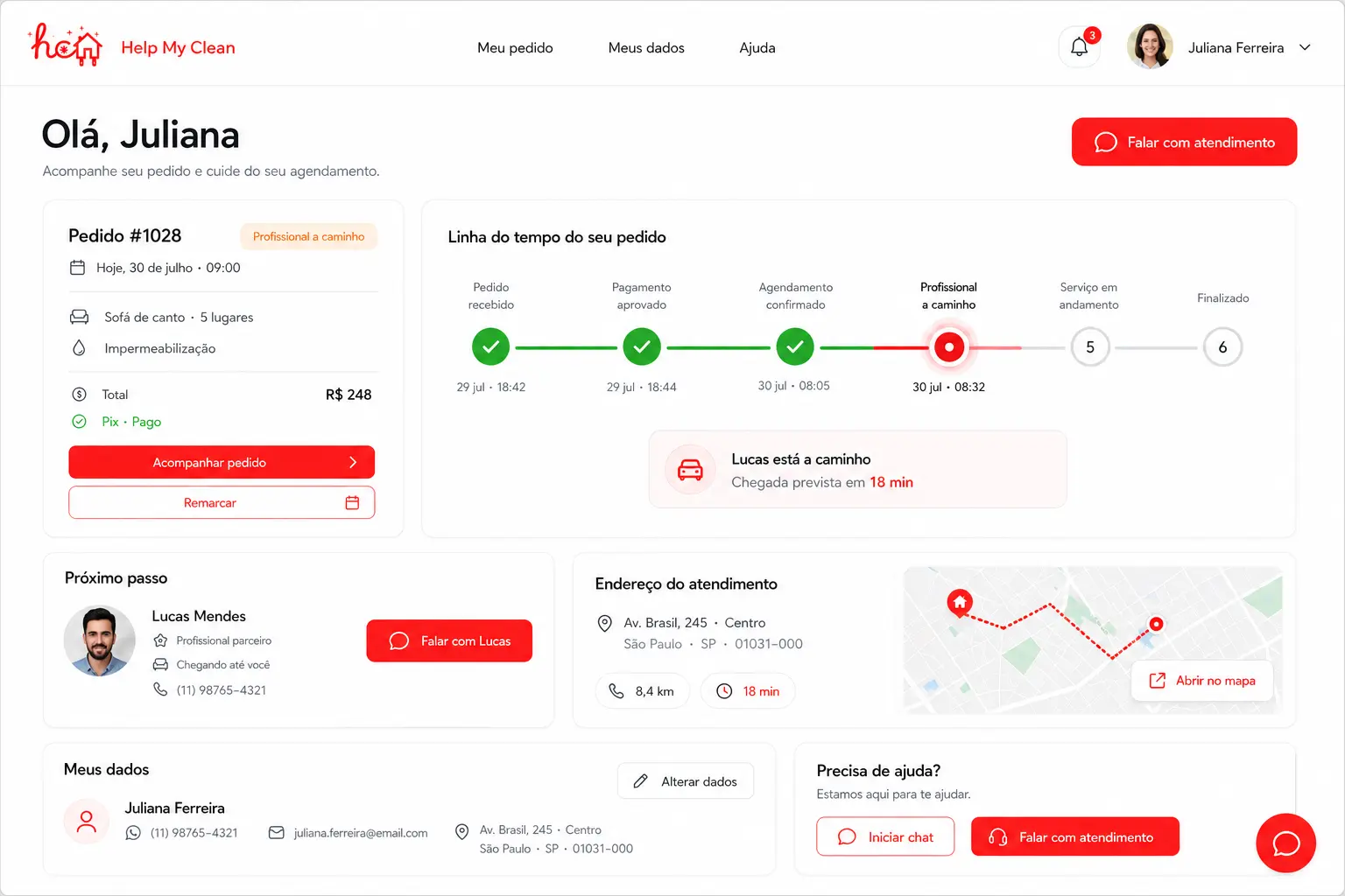 Painel do cliente no aplicativo YESJA